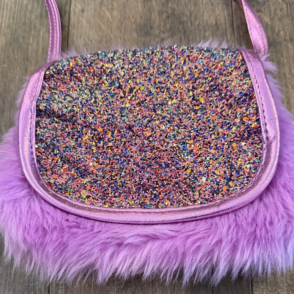 Lilac Glitter Faux Fur Kids Crossbody Bag